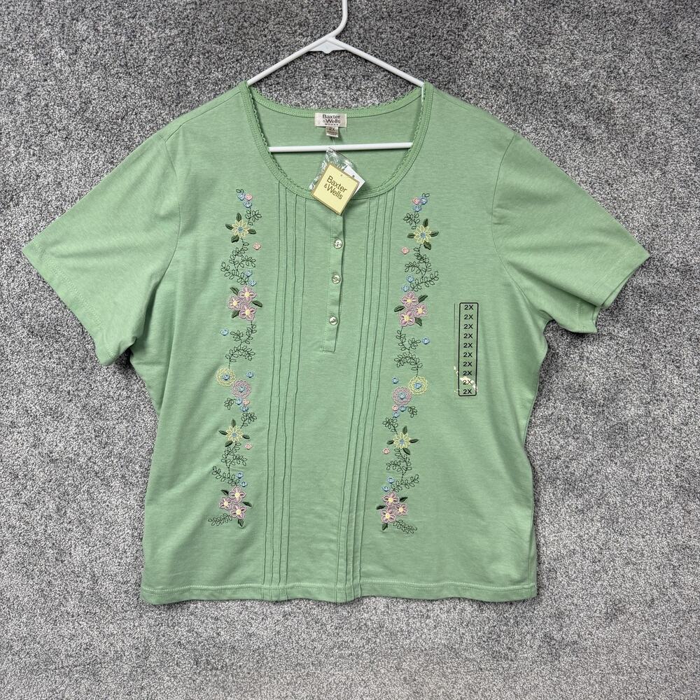 Baxter & Wells Blouse Womens 2X Plus Green Embroidered Floral Cottagecore Y2K
